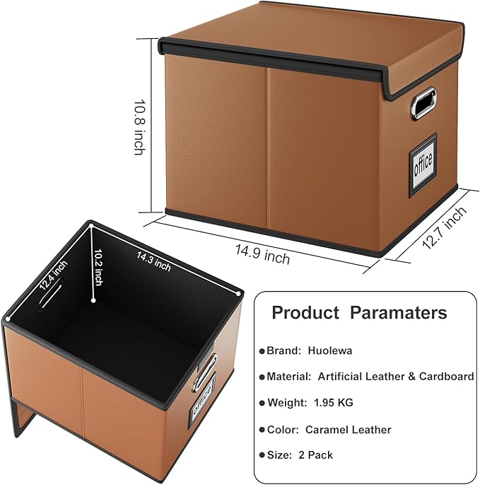 Huolewa File Organizer Boxes with Lids, Collapsible Faux Leather Hanging File Folder Box Organizer with Plastic Slide, Decorative Home/Office Filing System Boxes for File and Folders Storage