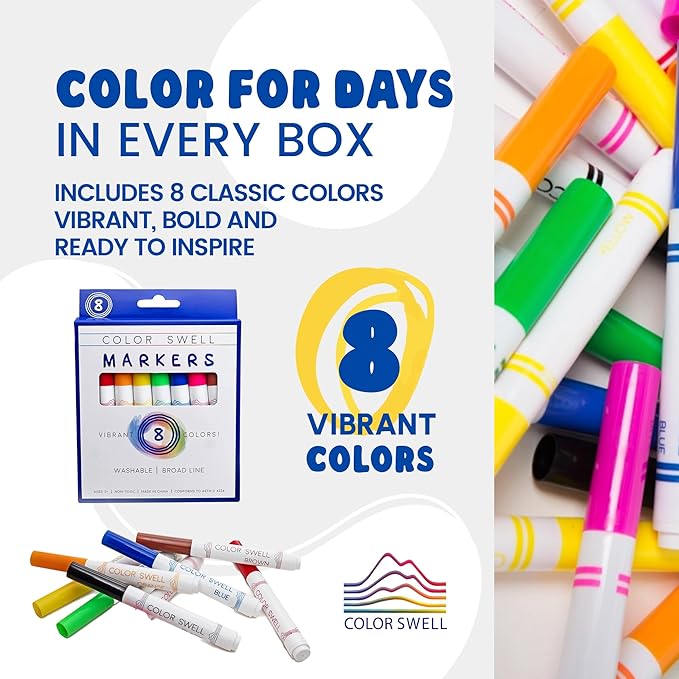 Color Swell Bulk Washable Markers (288 Total) – 36 Packs, 8 Colors per Pack – Ideal for Teachers, Kids, Party Favors, Classrooms, Donations, Students - Broad Line Bulk Markers
