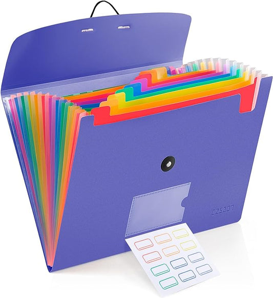 13 Pocket Expanding File Folder Accordian File Organizer, A4 Letter Size Paper Document Receipt Holder for School Office Supplies, Purple Blue