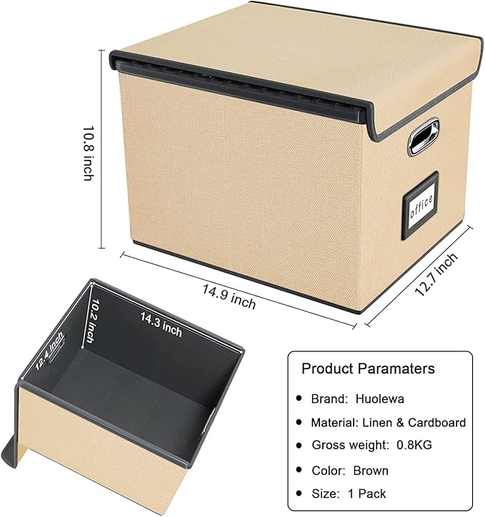 Huolewa File Organizer Box with Lid, Collapsible File Folder Organizer for Office Document Storage, Filing Box with Plastic Slide for Letter/Legal Size Hanging Files (Brown)