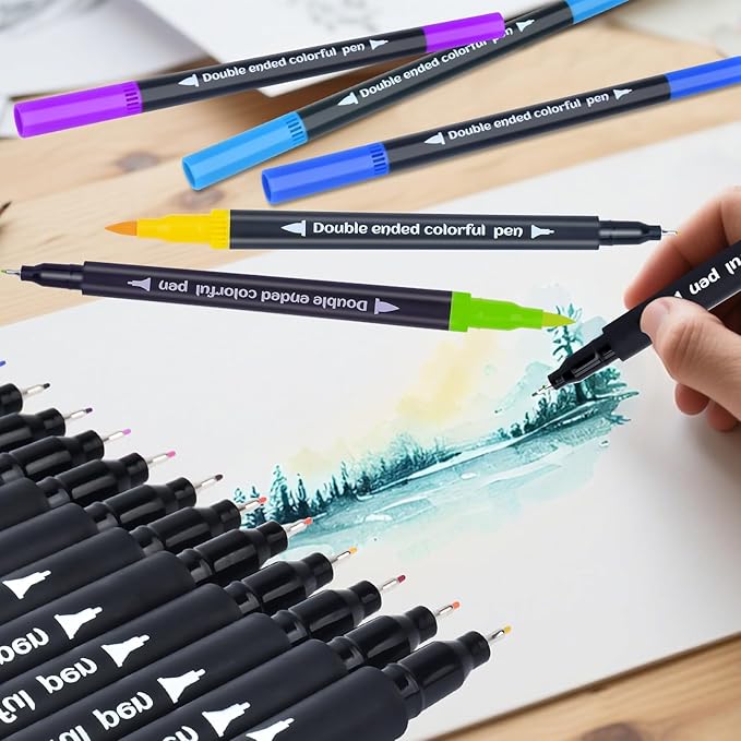 24 Colored Dual Tip Markers Fine & Brush Pens - No Bleeding, Coloring Markers for Adult, Sketching, Drawing, Journaling Art Marker Set