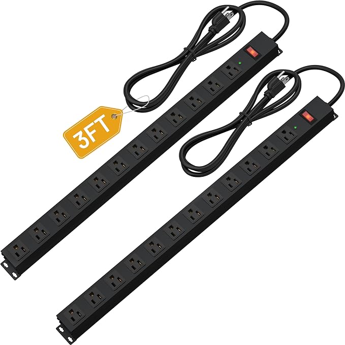 12 Outlet Long Power Strip Surge Protector with 2100 Joules, 3FT Power Cord, Wide Spaced Outlet Power Bar, Overload Protection Switch, Industrial Heavy Duty for Work Bench, Shop, Garage (Black),2 Pack