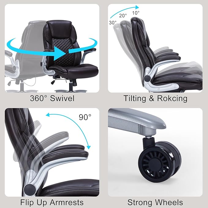 Home Office Chair, Executive Comeputer Desk Chair Ergonomic Office Chair with Adjustable Lumbar Support, Tilt Lock, PU Leather, Swivel Rolling Chair for Gaming Adult Working Study-Brown