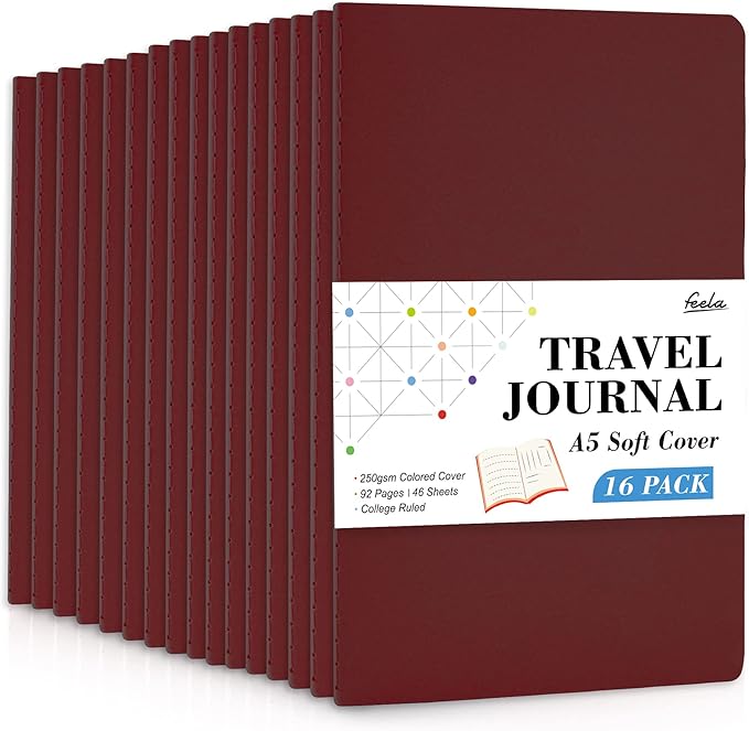16 Pack Soft Cover Journal Bulk, Feela Lined Notebooks College Ruled for Work for Women Girl Writing, Blank Travel Journal Note Taking Notebook School Business Supplies, 8.2” x 5.5”, A5, Wine