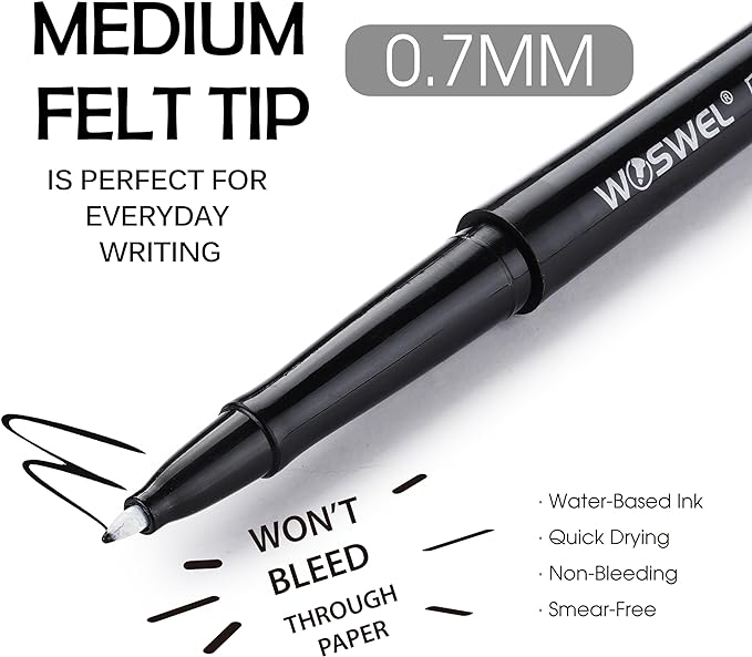 Black Felt Tip Pens - 60 Pack, 0.7mm Medium Point Pens for Journaling, Note Taking, Planner, Writing, Drawing