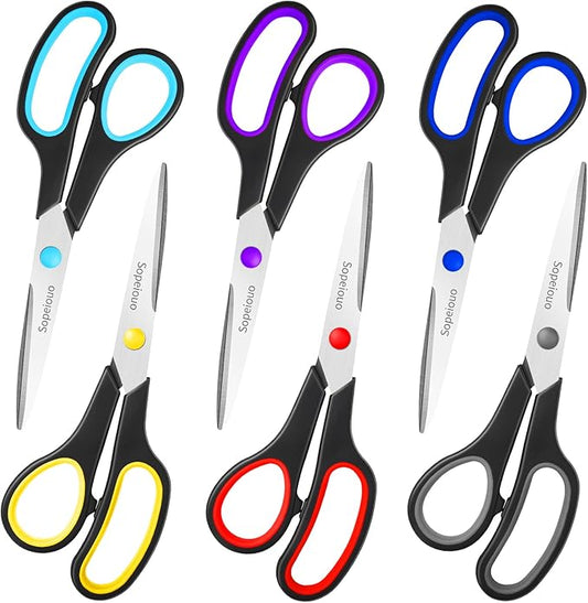 Scissors Set of 6-Pack, 8" Scissors All Purpose Comfort-Grip Handles, Sharp Scissor for Office Home School Craft Sewing Fabric Supplies, High/Middle School Student Teacher, Right/Left Hand