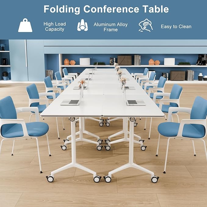 10Pack Folding Conference Room Table, Modern Conference Tables with Silent Wheels, Large Rectangular Mobile Training Tables for Office Classroom, Foldable Modular Seminar Table White (L70.9in)