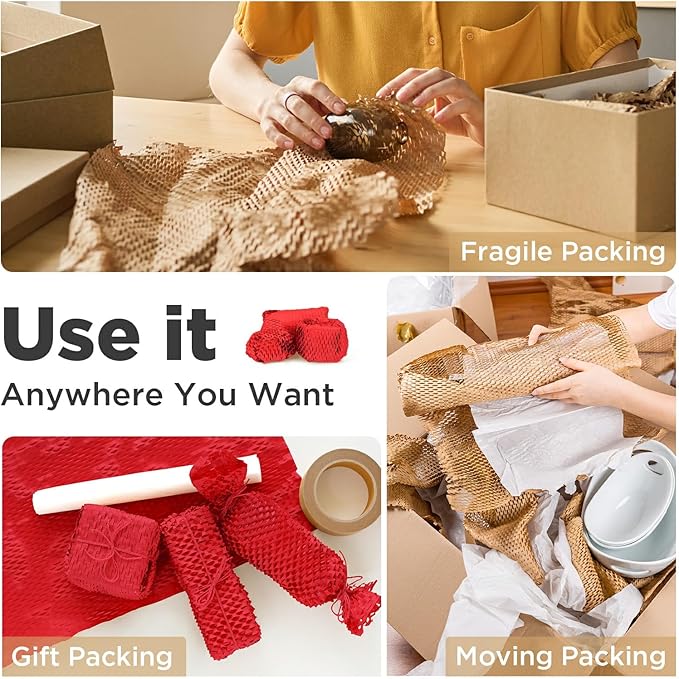 Honeycomb Packing Paper, 12"x150' Red | Perforated Honeycomb Packing Paper Recyclable Moving Supplies for Shipping & Moving | Plastic-Free Alternative to Bubble Cushion Wrap with 36 Fragile Stickers
