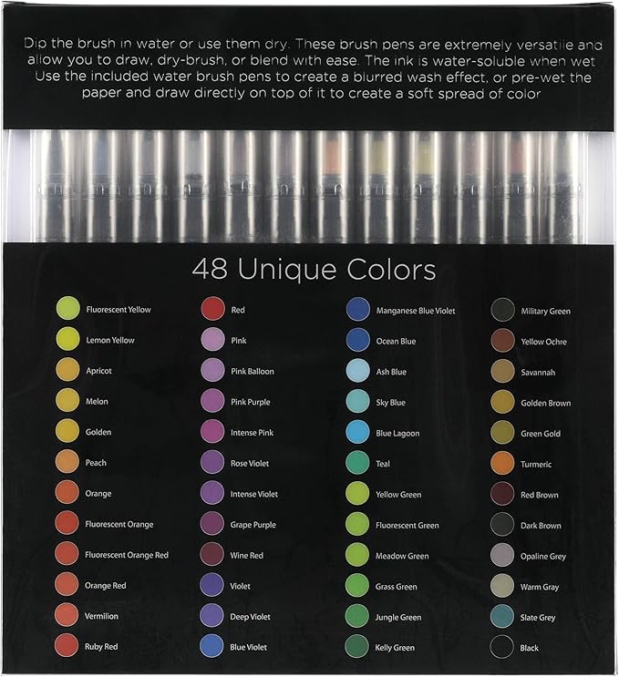 Creative Inspirations Watercolor Brush Pen Set - Water-Soluble Pens for Painting and Coloring - Set of 48 Assorted Colors