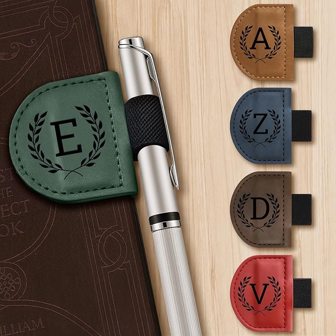 Personalized Bygone Mark Bookmark with Pen Holder,Engraving Leather Magnetic Bookmarks Vintage 26 Letters Name Initials Text Book Marker Clips Gifts for Reading Book Lovers Women (Brown, N)