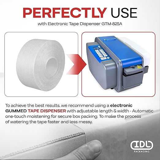 IDL Packaging 3" x 375 feet Reinforced Water-Activated Kraft Gummed Tape 70lb Thickness (Pack of 8) - Secure Paper Packing Tape for Secure Carton Sealing - Heavy-Duty for All Conditions, White