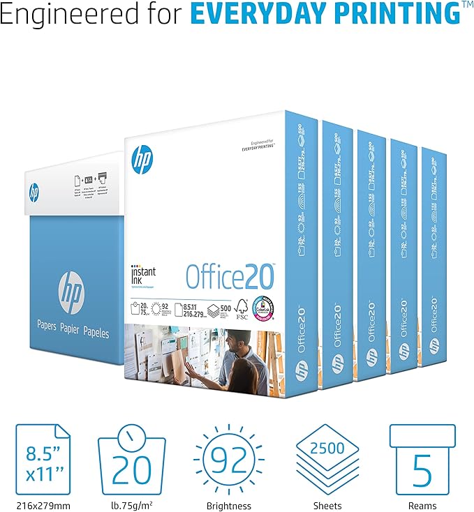 HP Paper Printer Paper 8.5x11 Office 20 lb 5 Ream Case 2500 Sheets 92 Bright Made in USA FSC Certified Copy Paper HP Compatible 112150C