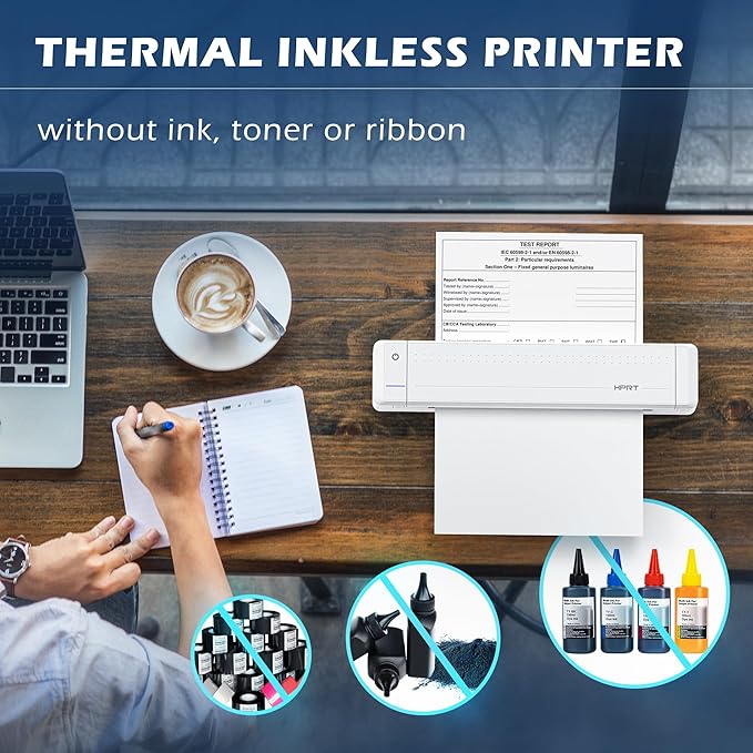 HPRT Portable Printer Wireless Bluetooth Connection MT866 Thermal Inkless Mobile Support 8.5'' X 11'' US Letter, Compatible with iPhone Android MacBook Windows Laptops (Upgraded Version), white
