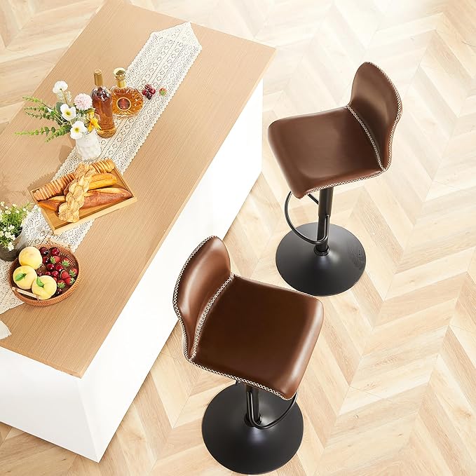 HeuGah Swivel Bar Stools Set of 4, Counter Height Bar Stools with Back, Adjustable Bar Stools 24" to 32", Brown Faux Leather Bar Chairs for Kitchen Island (Brown, Set of 4 (24'' to 32''))