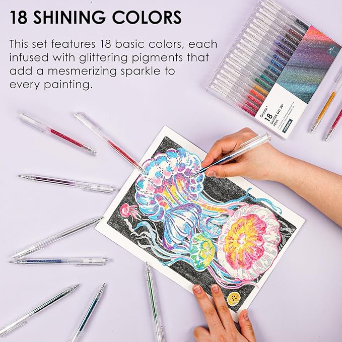 Grabie Glitter Pens (18 Colors Retractable Glitter Gel Ink Pens New)