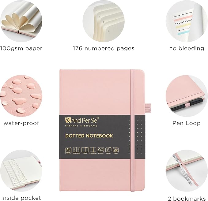 &And Per Se Bullet Dotted Journal Notebook, A5 Leather Hardcover, 176 Numbered Pages 100GSM Thick Dotted Paper, 2 Sheets of Stencils Included - 5.7'' x 8'' (Pink)