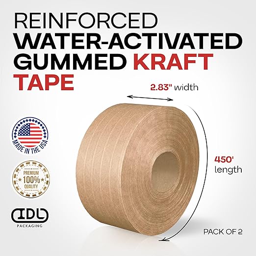 IDL Packaging 2.83" x 450 feet Reinforced Water-Activated Kraft Gummed Tape 30lb Thickness (Pack of 2) - Secure Paper Packing Tape for Secure Carton Sealing - Heavy-Duty for All Conditions, Brown