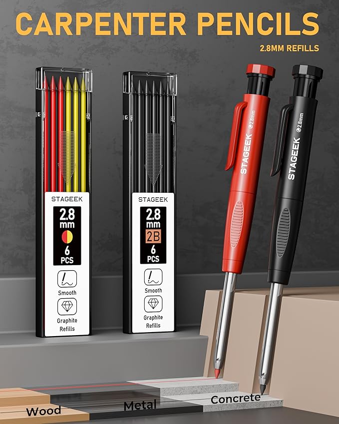 17 Pack Mechanical Carpenter Pencil Set with Sharpener 40 Refills, Automatic Center Punch, Carbide Scribe Tool, Eraser and Deep Hole Marker Pen, Heavy Duty Construction Pencil for Architect with Pouch