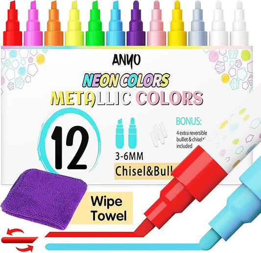 Anyo 12 Pack Window Markers for Cars, Liquid Chalk Markers with 6mm 3 in 1 Nib Bold Tip, Metallic & Neon Color Wet Erase Window Paint for Glass Washable, Glass, Mirror, Blackboard, Bistro, Menus