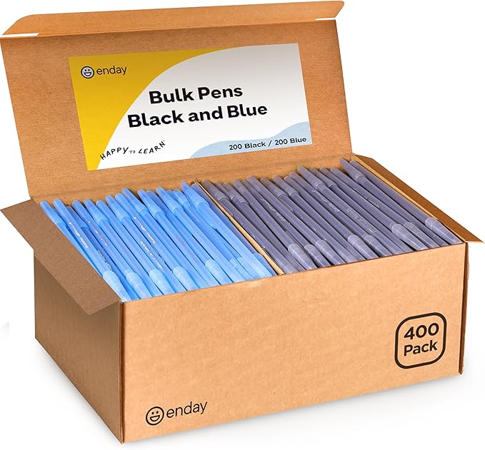 Enday Ballpoint Pens Bulk Blue and Black Pens (400 Pack) 200 Black & 200 Blue - Medium Point (1.0mm) Flexible Round Barrel For Writing Comfort, Pens Bulk for School, Home and Office.