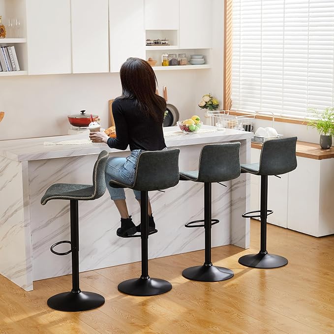 HeuGah Bar Stools Set of 4, Swivel Counter Height Barstools with Back, Adjustable Height 24" to 32", Faux Leather Bar Chairs for Kitchen Island (Deep Teal, Set of 4 (24'' to 32''))