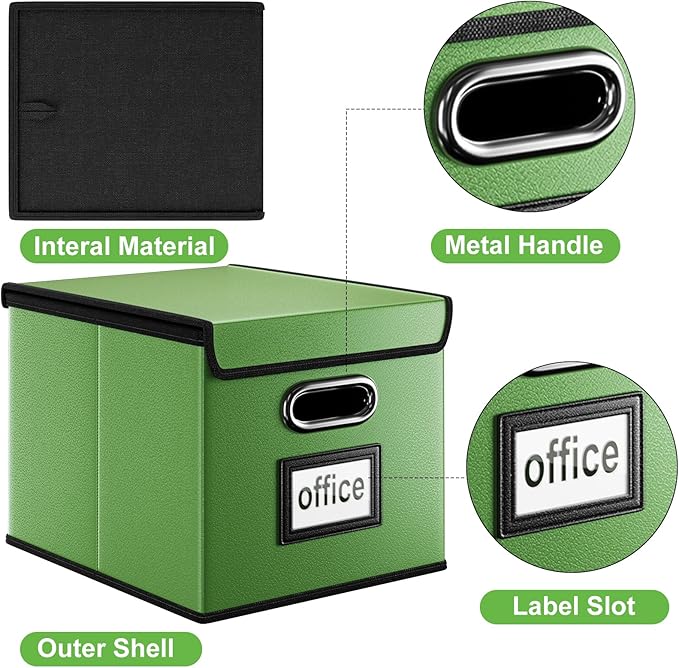 Huolewa Portable Leather File Organizer Storage Boxes, Collapsible File Folder Organizer Boxes with Lids, Document Organizer, Decorative Filing Box Cabinet for Letter/Legal File Folder Storage