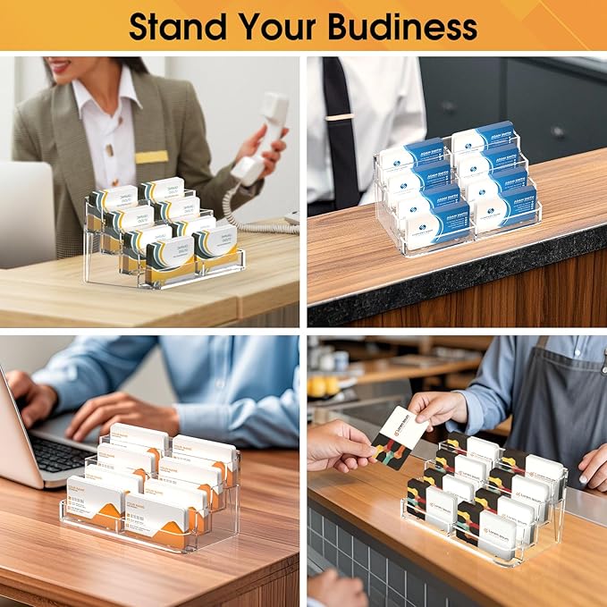 MaxGear Acrylic Business Card Holder for Desk Multiple Business Card Holders, Premium Cards Stand, Clear Plastic Cards Display Holder with 4 Tier for Exhibition, Home and Office, 8 Pocket, 2 Pack