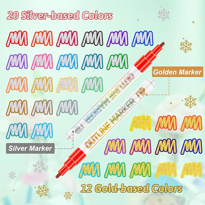 Outline Markers Self-outline Metallic Markers, 20 Silver&12 Gold Colors Double Line Outline Markers Super Squiggles Shimmer Glitter Pen Set for Christmas Greeting Card,Kid Drawing,Doodling,DIY Crafts