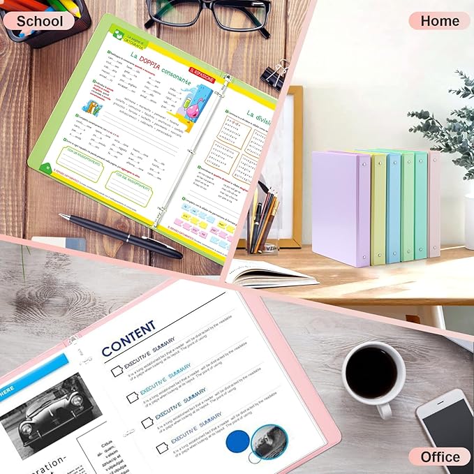 0.5 inch 3-Ring Binder, 1/2 inch Round Ring Binder with 2 Inside Pockets, Clear View Cover Binders Holds 8.5'' x 11''Paper，Pastel Color Binders for Office/Home/School Supply, 6 Pack