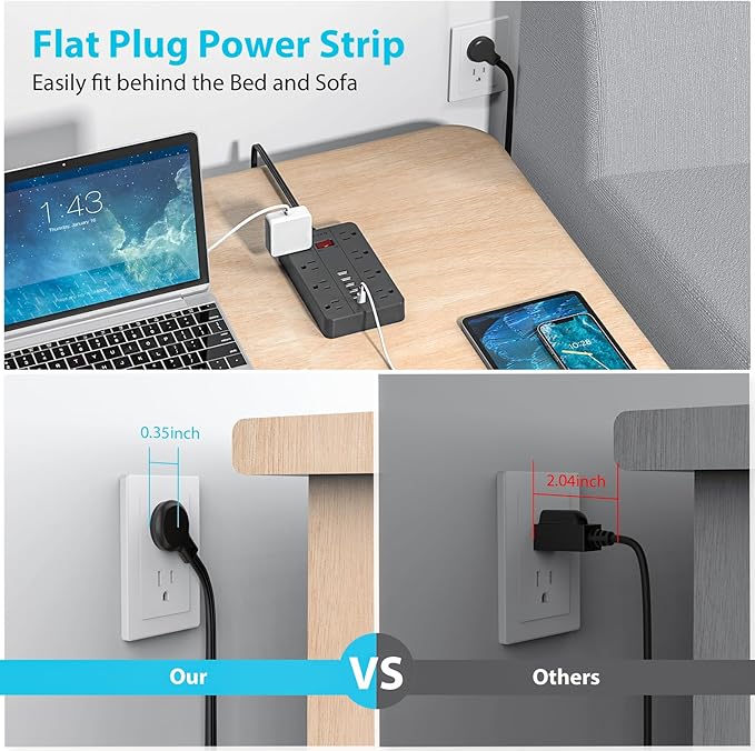 10ft Extension Cord Long Power Strip,AOFO 8 Widely-Spaced Outlets & 6 USB（1 USB C） Ports Flat Plug Power Strip,Power Cord for Wall Mountable and Desktop Black