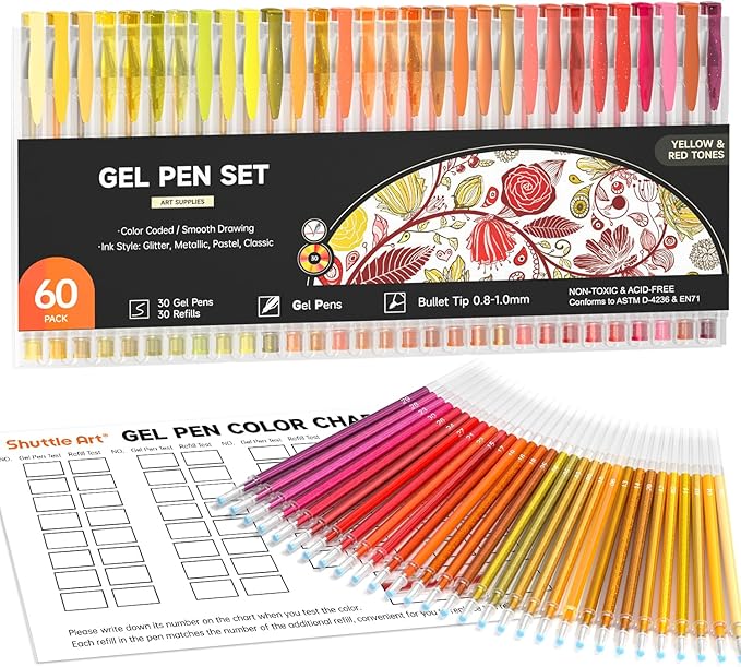Shuttle Art 60 Pack Red Yellow Tone Gel Pens, 30 Red Orange Yellow Gel Pens with 30 Refills for Adults Coloring Books Journaling Drawing Nature, Landscapes, Animals Scenes