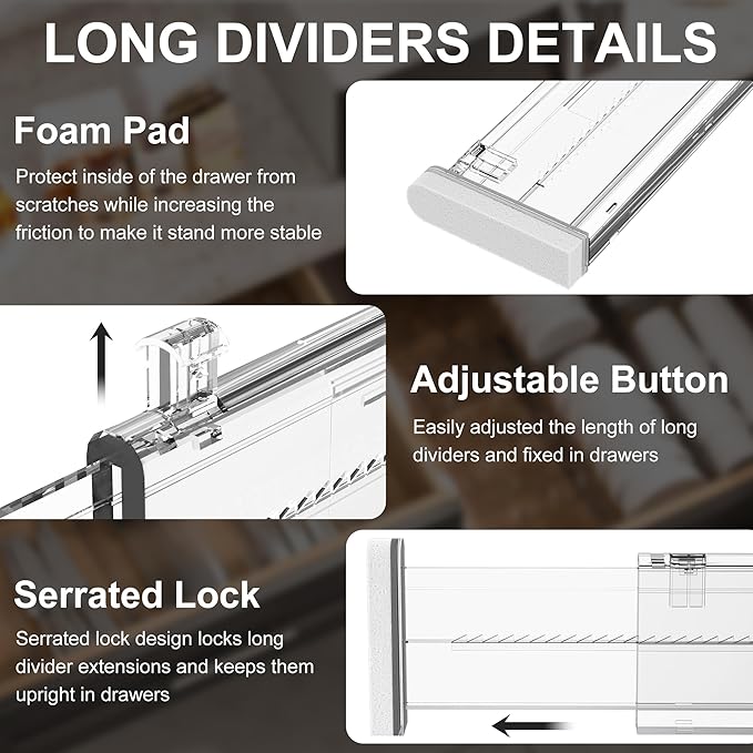 HiYZ Expandable Drawer Dividers with Inserts - Adjustable Drawer Organizers Separators for Kitchen, Bedroom, Dresser, Office, 8 Long Dividers(12.6-22.8 IN) with 10 Inserts(3.9-7.1 IN) - Clear