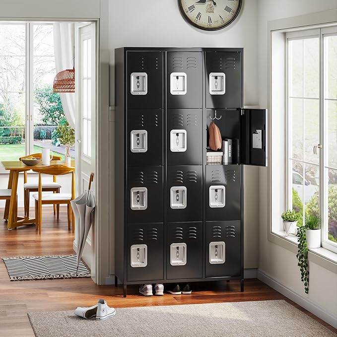 12 Doors Metal Lockers for Employees with Lock, Metal Locker with 12 Hooks for School Garage Office Gym Home,Assembly Required,Black