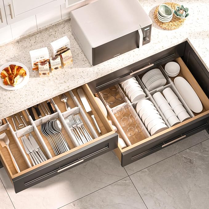 HiYZ Expandable Drawer Dividers - 12.6-22.8'' Adjustable Drawers Organizers for Kitchen Utensils, Drawer Separators in Bedroom, Dresser, Office, Bathroom, Fridge, 12 Pack Long Dividers-Gray