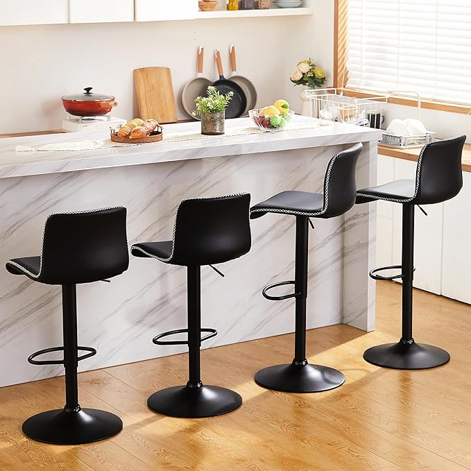 HeuGah Swivel Bar Stools Set of 2, Adjustable Counter Height Barstools with Back, Black Faux Leather Bar Chairs for Kitchen Island (Black, Set of 2 (24'' to 32''))