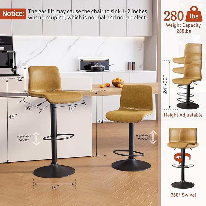 HeuGah Bar Stools Set of 3, Swivel Counter Height Barstools with Back, Adjustable Height 24" to 32", Whiskey Brown Faux Leather Bar Chairs for Kitchen Island (Whiskey Brown, Set of 3 (24'' to 32''))