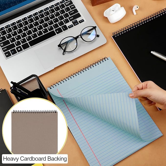 6 Pcs Legal Pad Top Spiral Bound Notebook 70 Sheets Wirebound Notepad Double Sided Ruled Memo Steno Book with Stiff Back Cover for Business(8.5 x 11 Inches,No Holes,3 Colors)