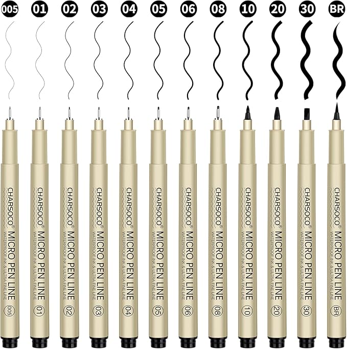 Black Micro Pens, 12 Sizes in 0.23mm - 5mm, Waterproof Archival Ink, Fine Point Pen for Artist Illustration, Sketching, Anime, Manga and Technical Drawing