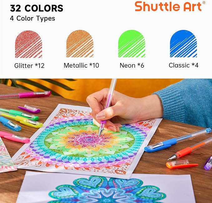 Shuttle Art Gel Pens, 32 Colors Gel Pen Set with Coloring Book for Adults Coloring Books Drawing Doodling Crafts Scrapbooking Journaling