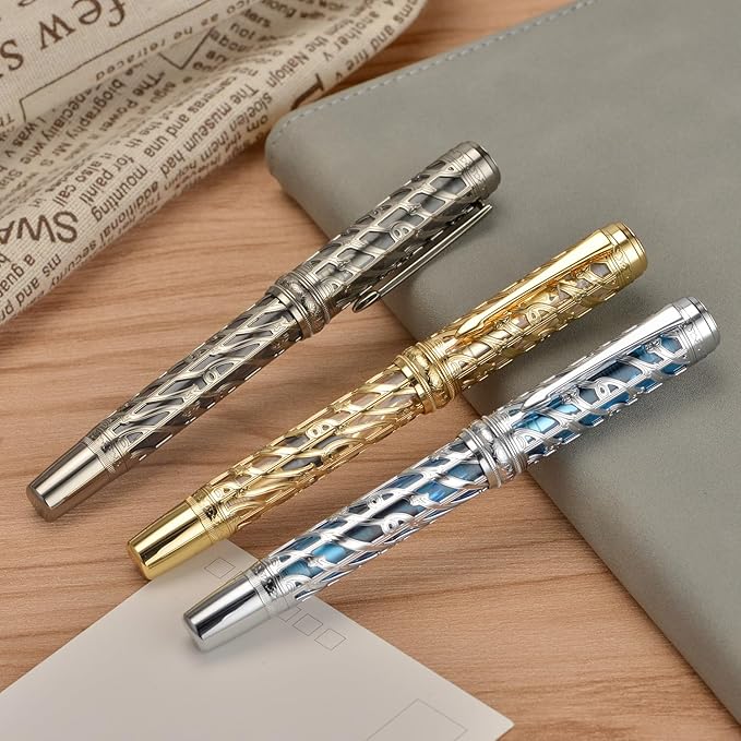 Hongdian A6 Piston Fountain Pen Fine Soft Nib, Silver Blue Hollow Skeleton & Resin Pen with Metal Case Set