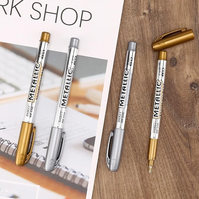 LOONENG Gold and Silver Marker Metallic, Fine Point Gold and Silver Markers Permanent Metallic for Artist Illustration, Crafts, Gift Card Making, Scrapbooking, Fabric, DIY Photo Album, 8 Count