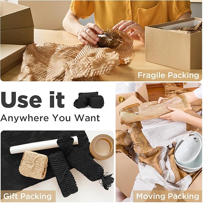 Honeycomb Packing Paper, 12"x150' Black | Perforated Honeycomb Packing Paper Recyclable Moving Supplies for Shipping & Moving | Plastic-Free Alternative to Bubble Cushion Wrap with 36 Fragile Stickers