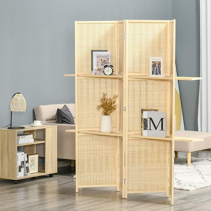 NicBex Room Divider 4 Panel Room Dividers with Storage Shelves Partition Room Dividers and Folding Privacy Screens 6 FT Wall Divider for Office, Room Separation,70.75" W x 0.75" D x 70.75" H, Natural