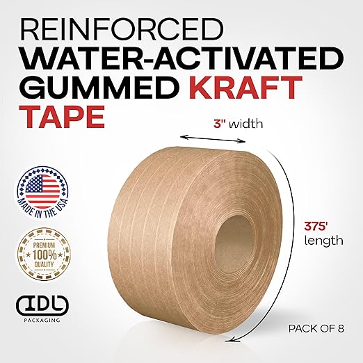 IDL Packaging 3" x 375 feet Reinforced Water-Activated Kraft Gummed Tape 70lb Thickness (Pack of 8) - Secure Paper Packing Tape for Secure Carton Sealing - Heavy-Duty for All Conditions, Brown