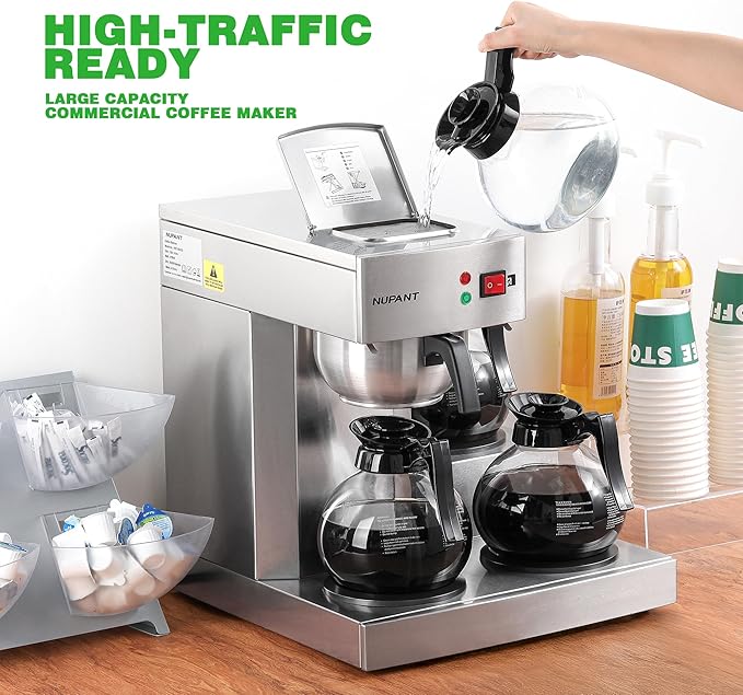 12 Cup Commercial Coffee Maker, Drip Coffee Maker Machine with 3 Warmers Plate and 3 Glass Decanters, Stainless Steel Pour Over Commercial Coffee Brewer for Restaurant, Office, Cafe Use