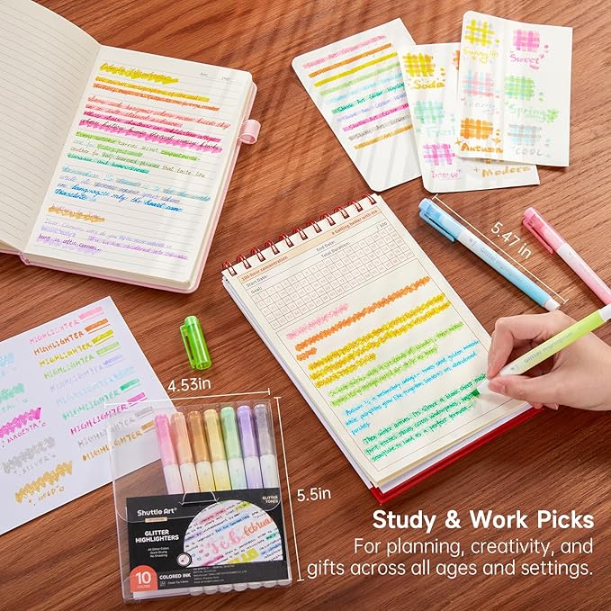 Glitter Highlighters, Shuttle Art 10 Sparkle Colors Chisel Tip Fluorescent Markers, Quick-Dry Non-Toxic Aesthetic Shimmer Highlighter Pens for Kids Teens Adults, Perfect for School Office Art Supplies