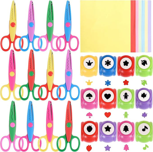 12 PCS Craft Scissors Decorative Edge, 12 PCS Small Hole Punch Shapes, 90 Sheets Colorful Origami, Kids Adults Craft Kit for DIY Crafts, Scrapbooking, Card Making, School Supplies