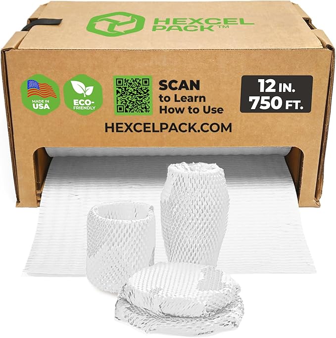 HexcelWrap Mini - Honeycomb Packing Paper, Eco-Friendly, Sustainable Paper Bubble Wrap for Shipping & Moving, Cushioned Packing Material in Easy Self-Dispenser Box - White, 12" x 750'