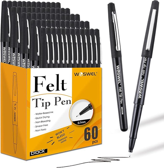 Black Felt Tip Pens - 60 Pack, 0.7mm Medium Point Pens for Journaling, Note Taking, Planner, Writing, Drawing