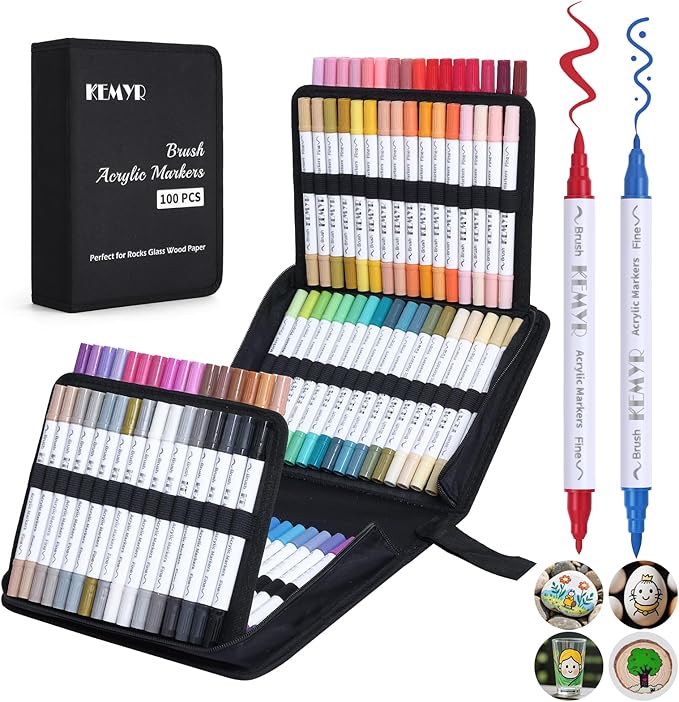100 Colors Brush & Fine Tip Acrylic Paint Pens, Dual Tip Acrylic Paint Markers for Paper, Wood, Canvas, Stone, Rock, Glass, Fabric, DIY, Ceramic, Art Supplies for Kids and Adults Drawing